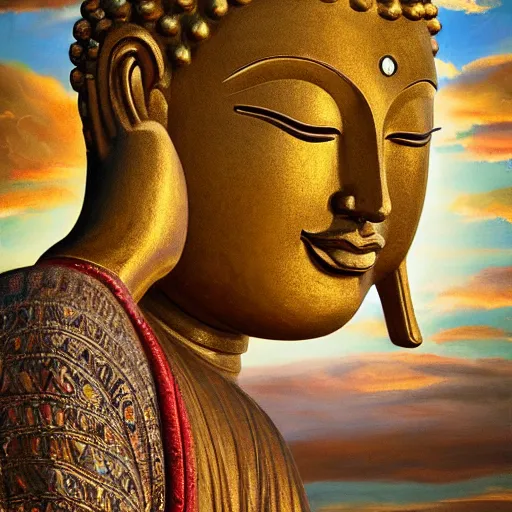 Image similar to contented peaceful haitian!! buddha, praying meditating, in a scenic environment, detailed, golden hour, realism, artstation trending, digital art