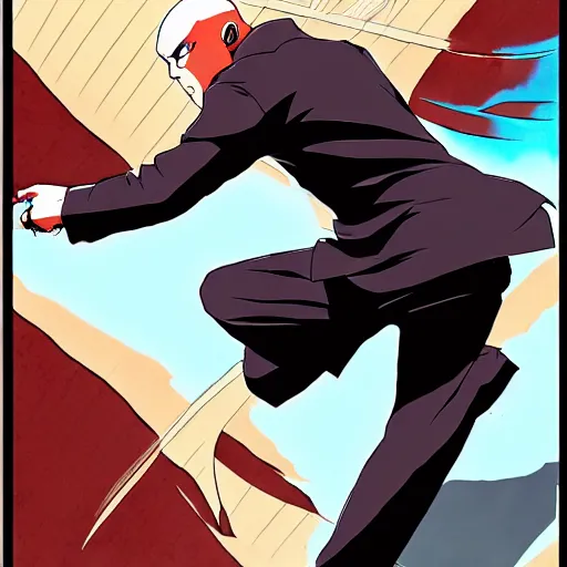 Image similar to Agent 47 in a scene from naruto, artstationhd, concept art, smooth, sharp focus, illustration, pen and ink and copic markers, art by Viroie and moebius
