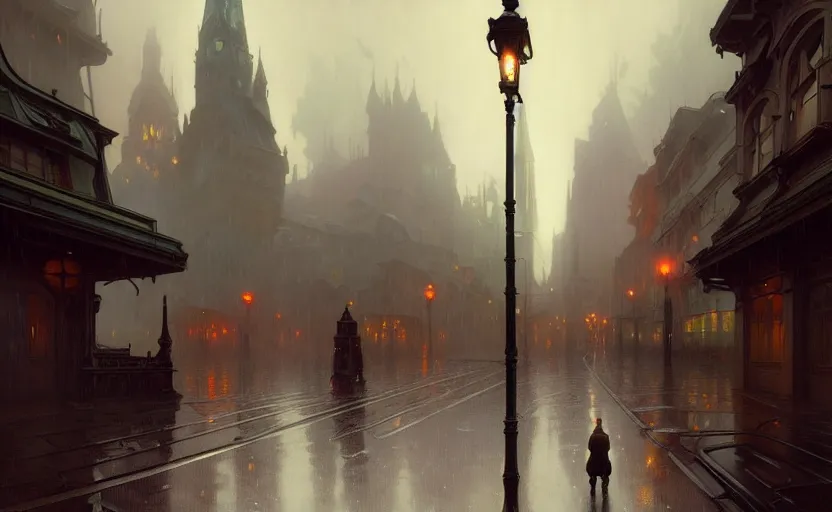 Image similar to an old victorian city with rainy atmosphere and moody and cinematic lighting by alphonse mucha, simon stalenhag and darek zabrocki, greg ruthkowski, craig mullins, cinematic and atmospheric, concept art, artstation, trending on artstation