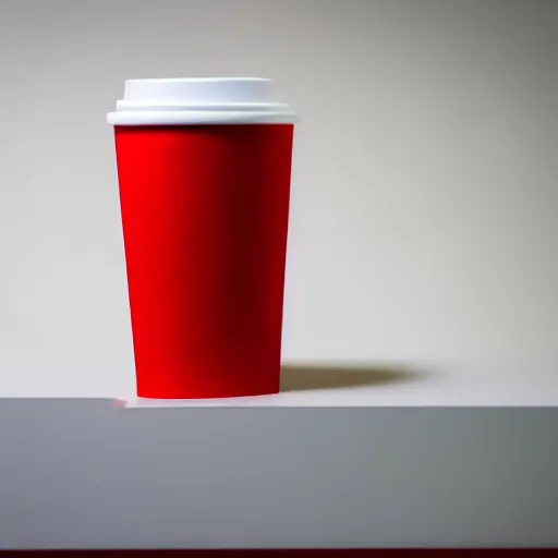 Prompt: an ultra high definition professional studio quality photograph of a red cup on a white plinth in an empty white room, a mobile phone is on top of plinth in the centre of the photograph. three point light.