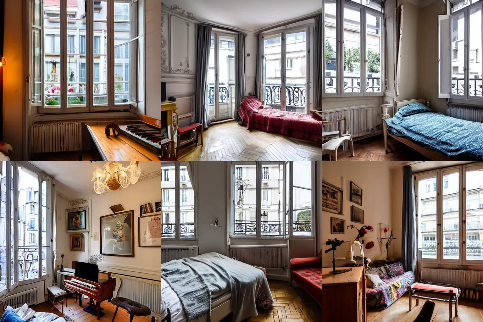 Prompt: Cosy parisian studio apartment with a balcony and roof window, decorated with vintage furniture and old acoustic piano, wide angle, taken inside room