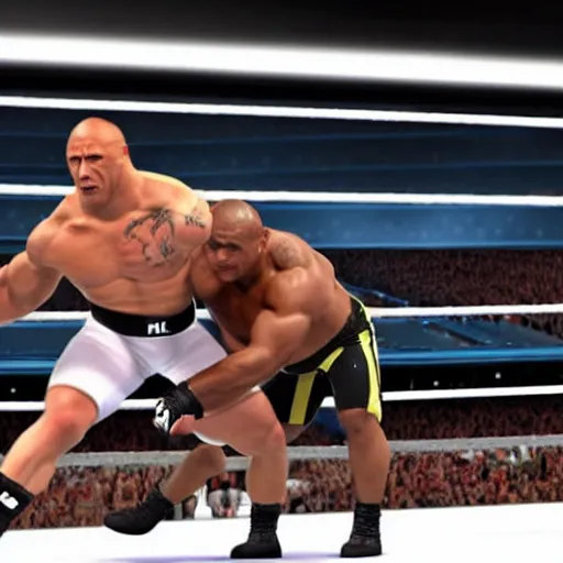 Image similar to ricardo milos vs the rock, fighting at wwe wrestling stadium, while the crowd goes wild, photo realistic