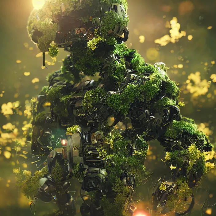 Prompt: overgrown foliage taking over a robot body on the ground, close - up, 3 5 mm, f 1. 8, bokeh, beautiful, lens flare, emotional, sweet, flowers, detailed, picture, trending on artstation, award - winning, shiny, golden