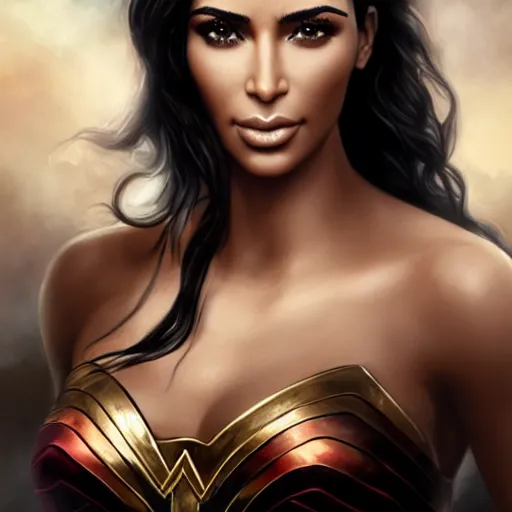 Image similar to kim kardashian as wonder woman, digital painting, extremely detailed, 4 k, intricate, brush strokes, mark arian, artgerm, bastien lecouffe - deharme