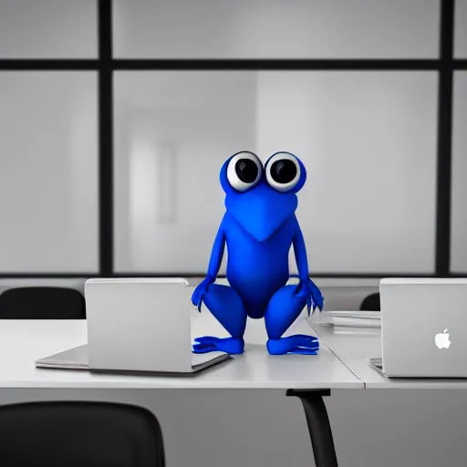 Prompt: octane render professional portrait of a blue frog wearing a suit sitting in an office,