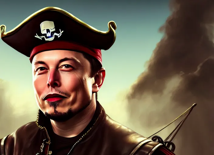 Image similar to highly detailed portrait of Elon Musk as a dread pirate captain, proudly posing at the helm of his frigate wearing a pirate hat, artstation, cinematic lighting, hyperdetailed, cgsociety, 8k, high resolution, insanely detailed and intricate