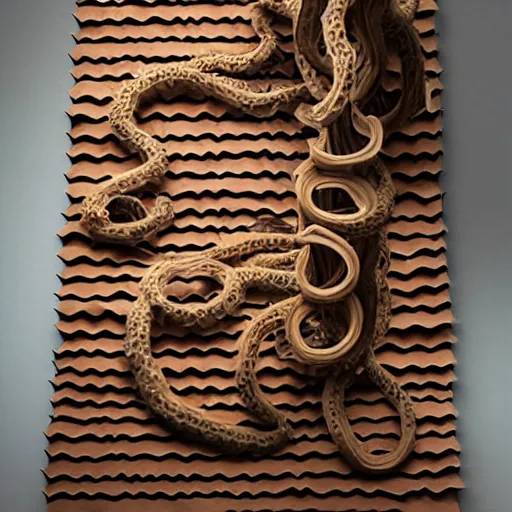 Image similar to tentacles made of brown corrugated cardboard, cut out of cardboard, realistic photography, fantasy