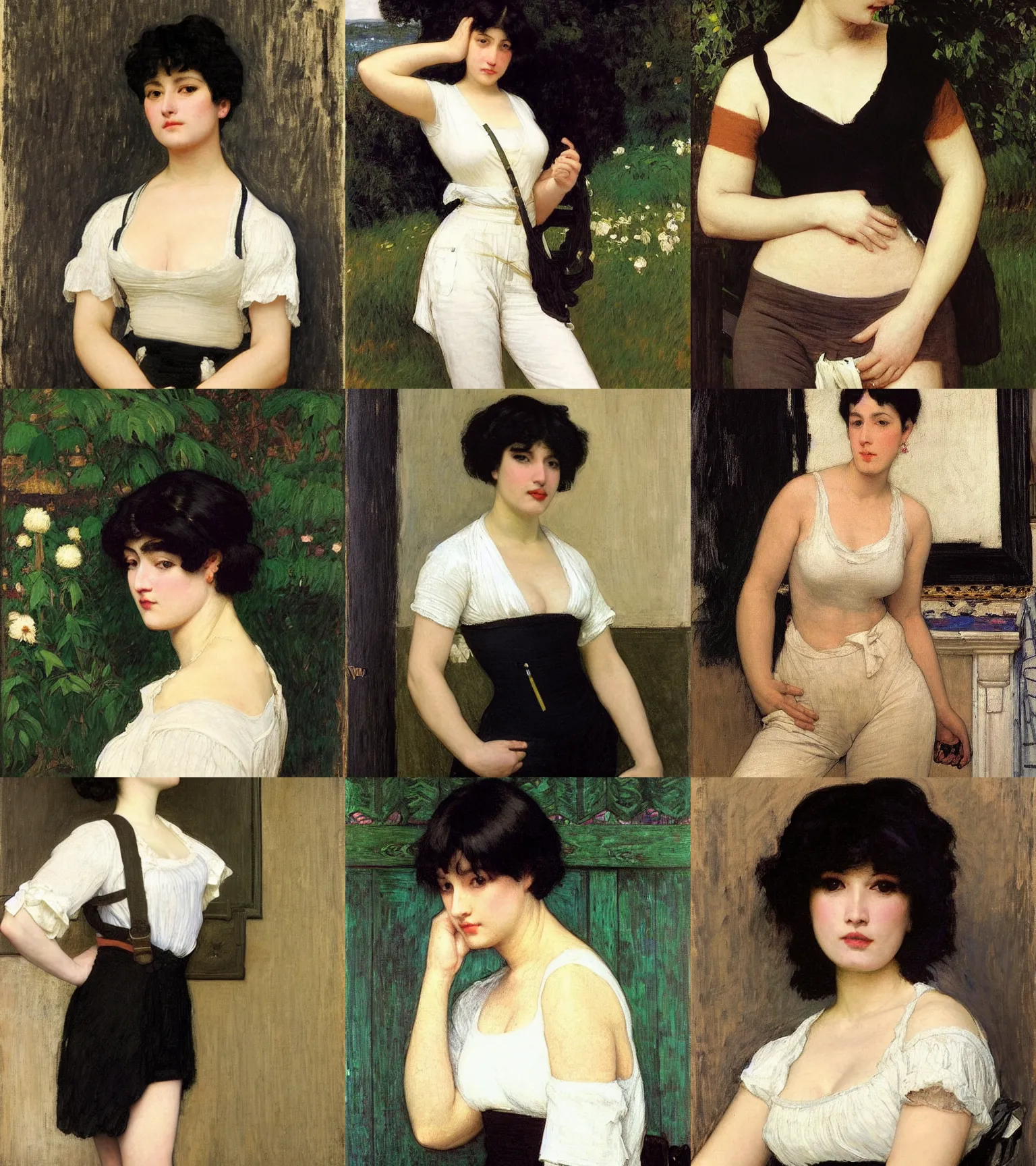 Prompt: a woman with black hair and long pixie haircut in shorts with suspenders and white t-shirt drawn by frederic leighton, gustave caillebotte, Alexandre Cabanel, dominique ingres, maler collier, peter paul rubens, amedeo modigliani, gustav klimt 4k, unreal 5, DAZ, french noveau, trending on artstation, octane render, hyperrealistic