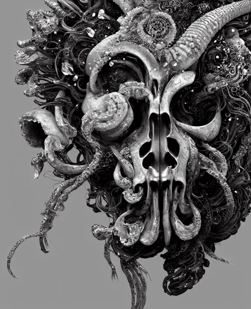 Prompt: goddess princess face close-up portrait ram skull. sculpture made of black stone. jellyfish phoenix head, nautilus, orchid, skull, betta fish, bioluminiscent creatures, intricate artwork by Tooth Wu and wlop and beeple. octane render, trending on artstation, greg rutkowski very coherent symmetrical artwork. cinematic, hyper realism, high detail, octane render, 8k