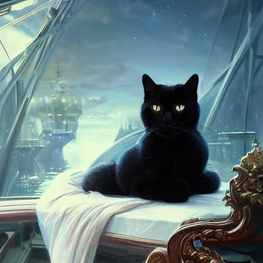 Prompt: beautiful black cat sitting on the deck of a fantasy ship, naval background, portrait, elegant, intricate, digital painting, artstation, concept art, smooth, sharp focus, illustration, art by artgerm and greg rutkowski and alphonse mucha