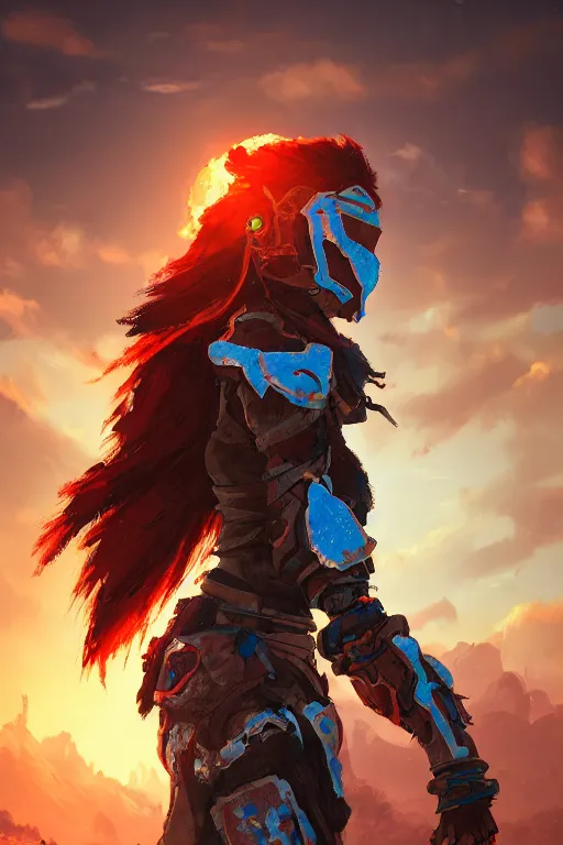 Image similar to combination suit armor aloy horizon forbidden west horizon zero dawn radiating a glowing aura global illumination ray tracing hdr fanart arstation by ian pesty and alena aenami artworks in 4 k tribal robot ninja mask helmet backpack