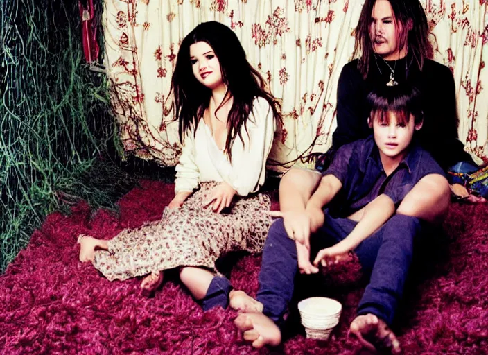 Prompt: Selena Gomez and Young Johnny Depp eating mushrooms and tripping in a shag carpet house, photograph by Annie Leibovitz and Mark Seliger