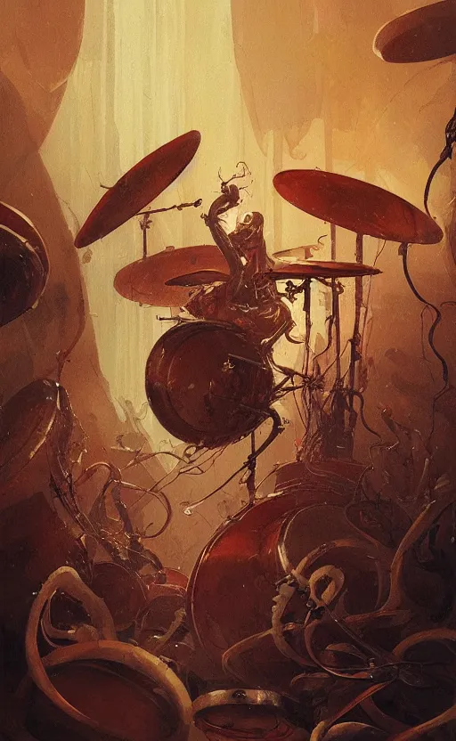 Image similar to a painting of a squid banging the drums with its tentales, by greg rutkowski, featured on artstation