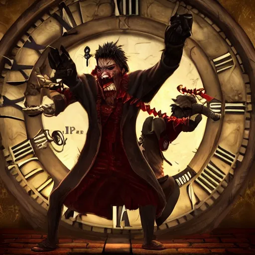 Image similar to a wlop 3 d render of a vampire fighting a werewolf in front of a giant clock face, intricate, extremely detailed, digital painting, artstation, concept art, smooth, sharp focus, illustration, intimidating lighting, incredible art