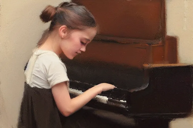 Prompt: “ little girl, pigtails hairstyle, practicing at the piano, jeremy lipking, casey baugh ”