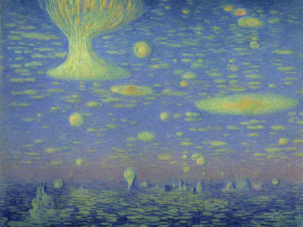 Image similar to study of the psychedelics dream bot mothership over the sublime iceberg city. painting by monet, bosch, wayne barlowe, agnes pelton, rene magritte