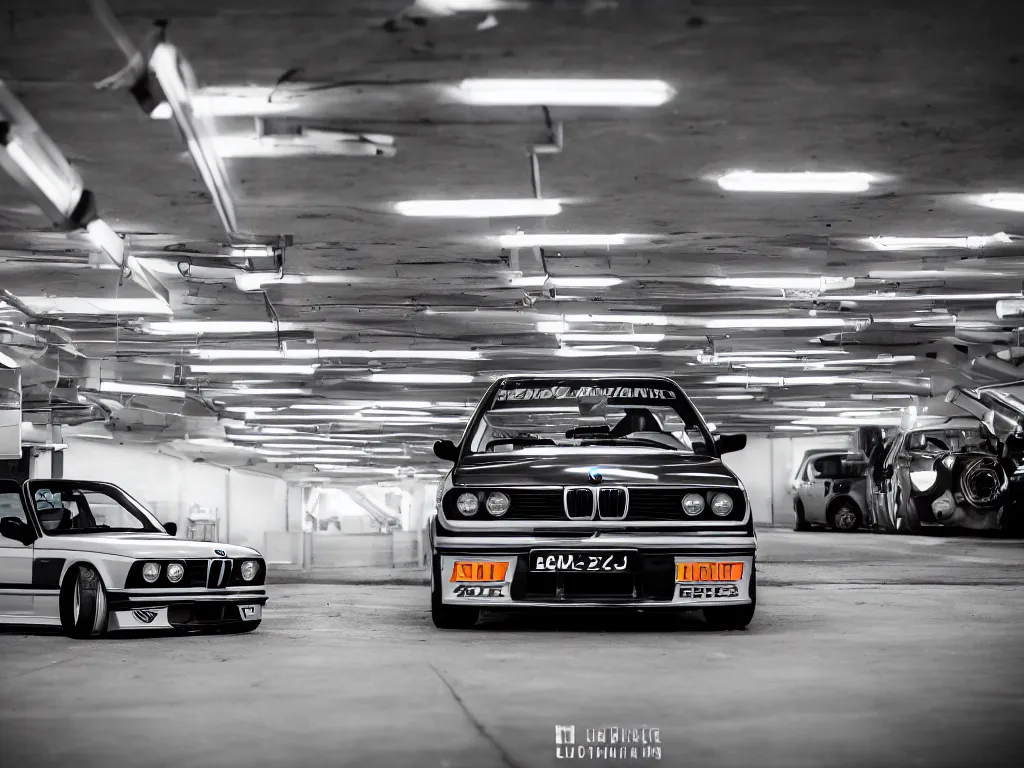 Image similar to a modified bmw e 3 0 with lights on in a futuristic neon parking garage, 3 5 mm photography, car photography, clean lines, realistic