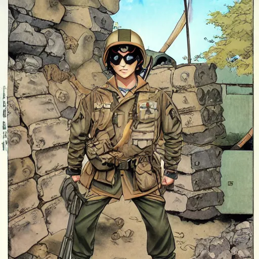 Prompt: manga style, marvel japan coloring, side portrait of a girl, trench and sandbags in background, realistic soldier clothing, realistic anatomy, norman rockwell, tom lovell, alex malveda, jack kirby, greg staples