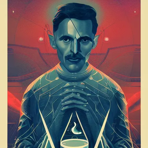 Image similar to majestic futuristic visionary inventor nikola tesla tarot card by sachin teng, artgerm, darius zawadzki, masterpiece, organic painting, matte painting, technical geometrical drawing shapes, swirling lightning electricity bolt, hard edges, graffiti, movie poster art by sachin teng, artstation trending