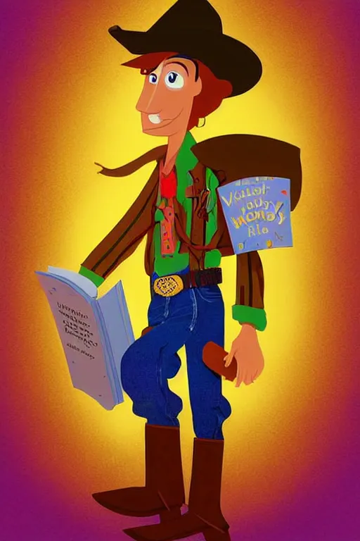 Prompt: illustration for a story that reads : woody the cowboy loved to read. he went to the library every day. he read all the books about horsesthen he would ride off into the sunset., colorful, fantasy, pixar, childrens book illustration, sharp high detail, manga and anime ( 0 )