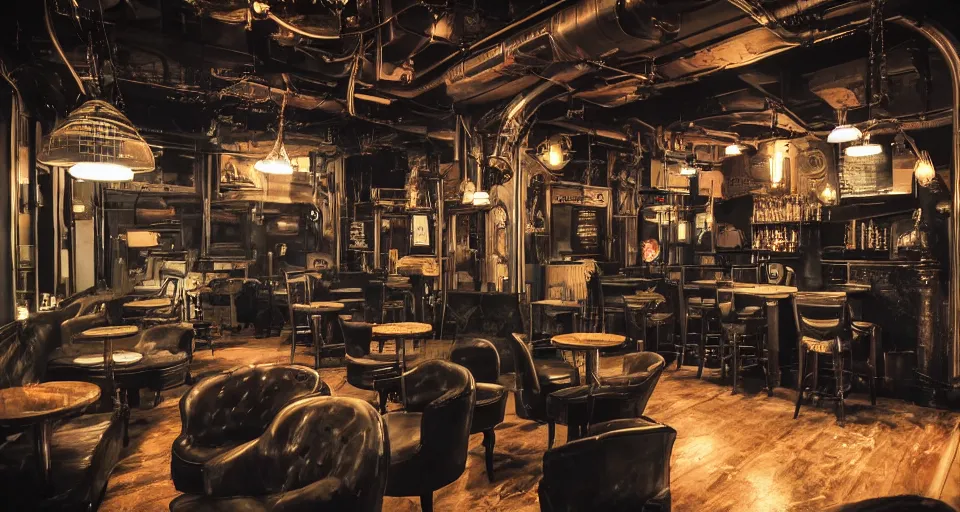 Prompt: dieselpunk lounge in restrained electropunk aesthetic