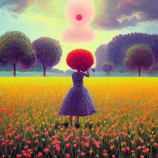 Prompt: girl with singular giant flower as a face, surreal photography, dream, dress flowing into flower field, hills, big trees, sunrise dramatic light, impressionist painting, colorful clouds, digital painting, pointillism, artstation, simon stalenhag