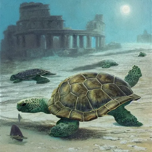 Prompt: mega turtles in an underwater ruined city of Atlantis , by Michael Sowa