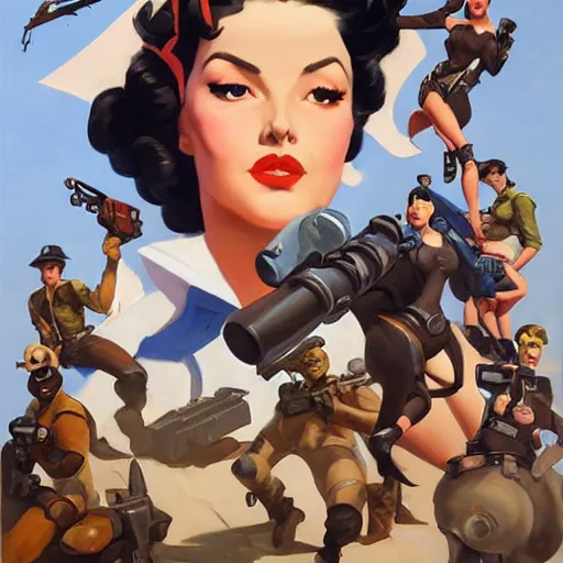 Prompt: greg manchess portrait painting of 1 9 4 0's pinup as overwatch's characters, medium shot, asymmetrical, profile picture, organic painting, sunny day, matte painting, bold shapes, hard edges, street art, trending on artstation, by huang guangjian and gil elvgren and sachin teng