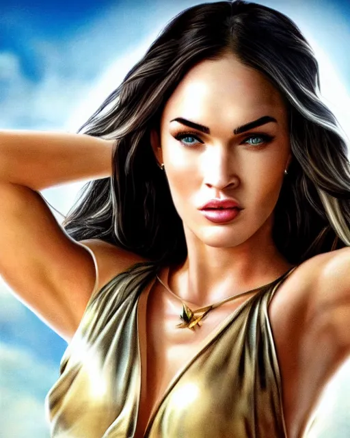Prompt: megan fox as a Greek goddess in the sky, detailed face, realistic face, highly detailed, sharp, 4k, hd