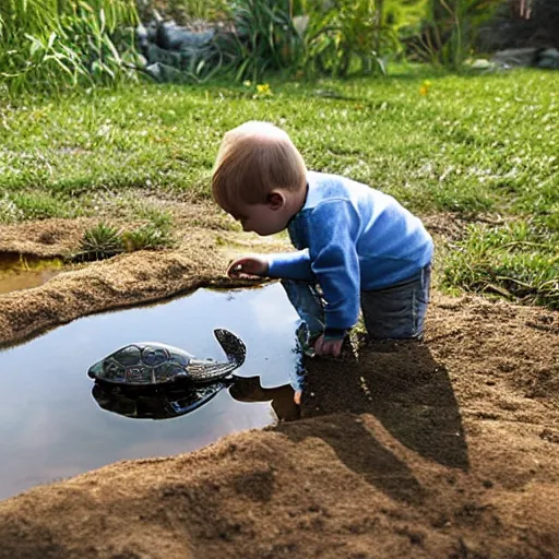 Prompt: 1. 5 yo boy playing with a pond turtle, national geographic award