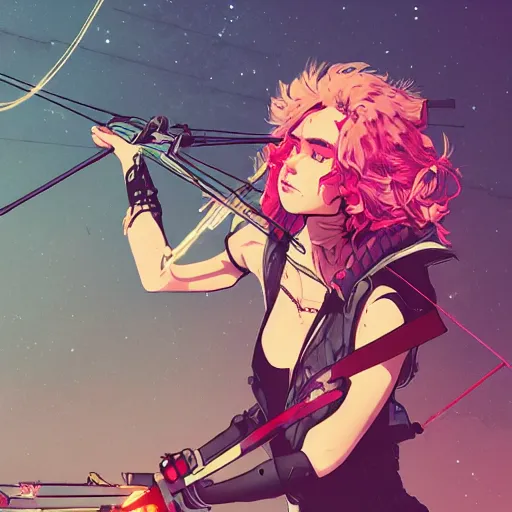 Image similar to close up, pose pointing with an arrow bow and screaming!!, a grungy cyberpunk anime, very cute, by super ss, curly pink hair, night sky by wlop, james jean, victo ngai, highly detailed