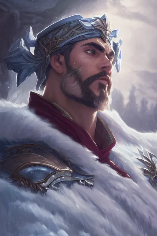 Prompt: portrait of tryndamere from league of legends, photorealistic icy tundra, full body, powerful, fantasy, intricate, elegant, highly detailed, digital painting, artstation, concept art, sharp focus, illustration, art by artgerm and greg rutkowski and alphonse mucha