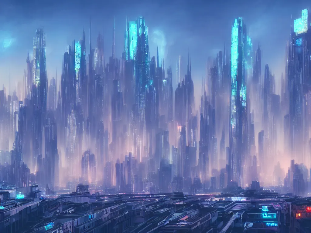 Prompt: beautiful matte painting of buildings in the distance, bright vivid lights, art deco, city lights, futuristic, technological lights, screens, ads, fine detail, cinematic lighting, polished, concept art, blue color scheme, hd wallpaper, hd display, by hugh ferris