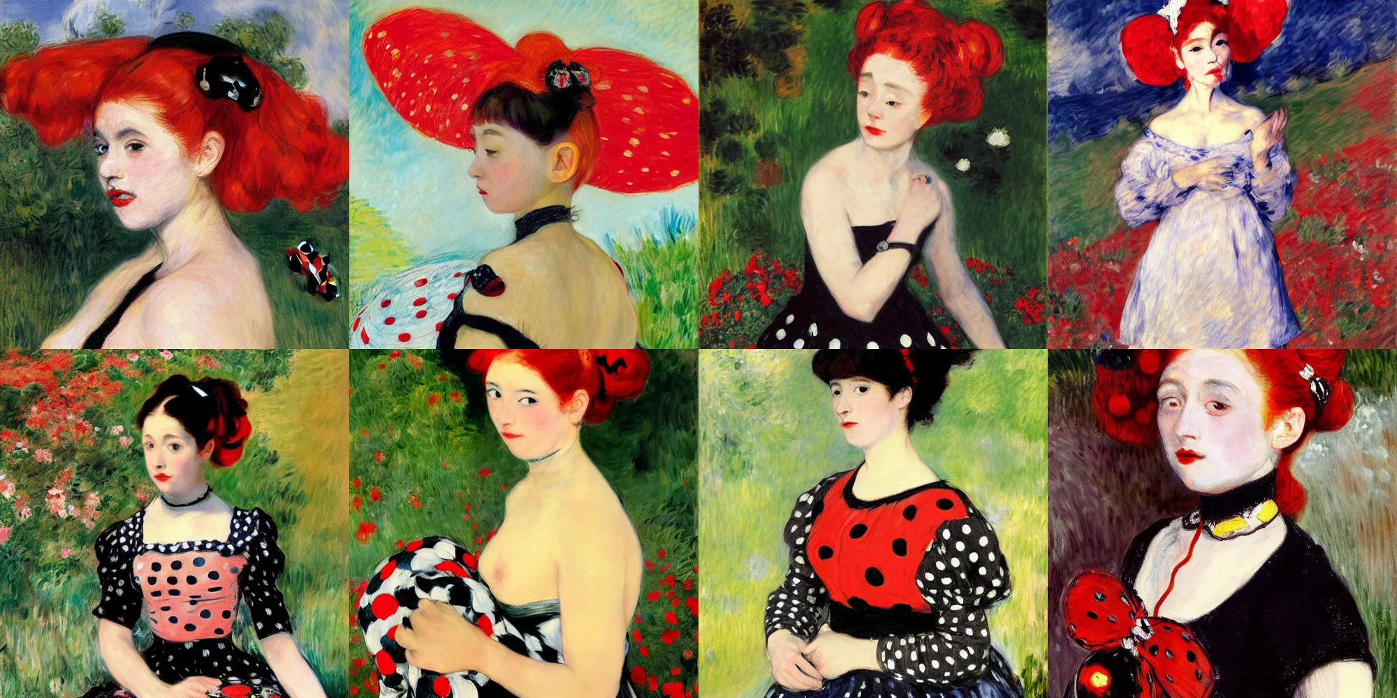Prompt: an impressionistic portrait of a ladybug gijinka with red hair and space buns wearing a polka dot top and black skirt in the style of monet and manet, digital art