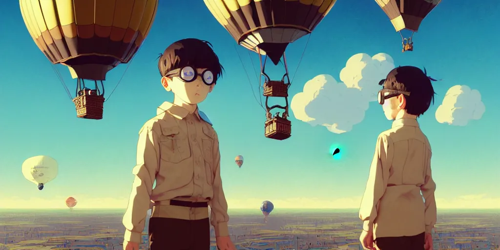 Image similar to 3 d portrait of a boy with an aviator helmet and goggles standing at the helm of a multidimensional steampunk hot air balloon by ilya kuvshinov, cloudy sky background lush landscape ln illustration concept art anime key visual trending pixiv by victo ngai fanbox by greg rutkowski makoto shinkai takashi takeuchi studio ghibli