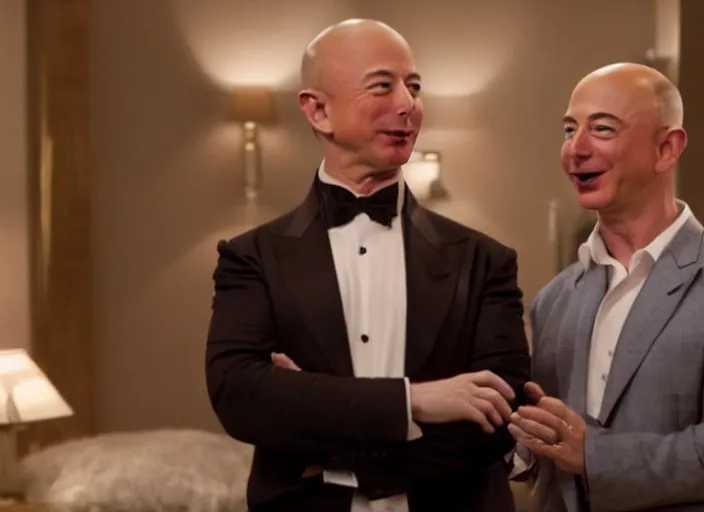 Image similar to film still of elon musk and jeff bezos falling in love in sleepless in seatle, 4 k