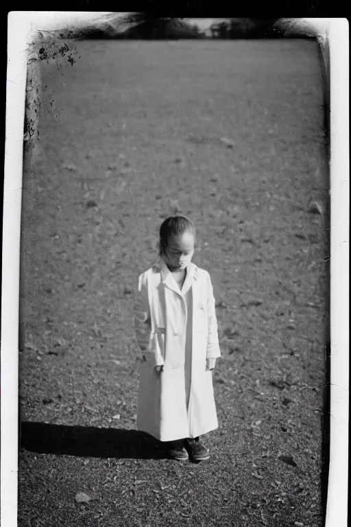 Prompt: photo polaroid of a sad and lonely child in a white coat stands in the middle many big tents of field hospitals, pandemic, covid,loneliness, black and white ,photorealistic, 35mm film,