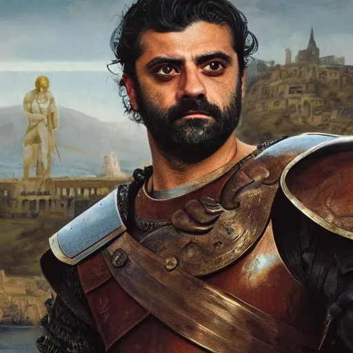 Image similar to painting of oscar isaac in armor playing achilles, ancient city in background, ultra detailed, realistic, movie poster, in the style of leonardo davinci