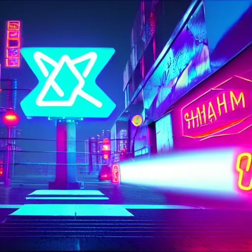 Image similar to shaman cyberpunk, shaman totems, shaman symbols, shaman architecture, neon billboards, neon lights, photorealistic, vfx, elegant, ultra sharp lines, 4 k, unreal engine 5, octane render, extreme contrast