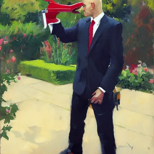 Prompt: a portrait of agent 4 7 from hitman wearing a red tie playing a guitar in a monestary garden by gregory manchess, james gurney, james jean