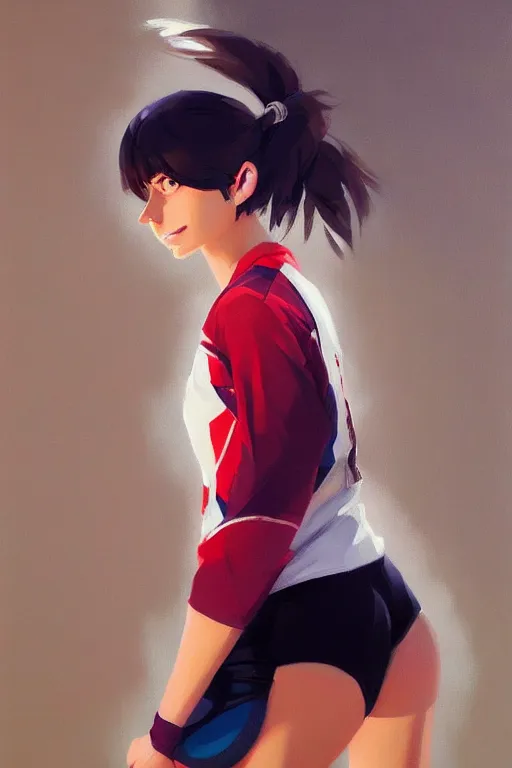 Image similar to A ultradetailed beautiful panting of a stylish woman wearing a volleyball jersey, Oil painting, by Ilya Kuvshinov, Greg Rutkowski and Makoto Shinkai