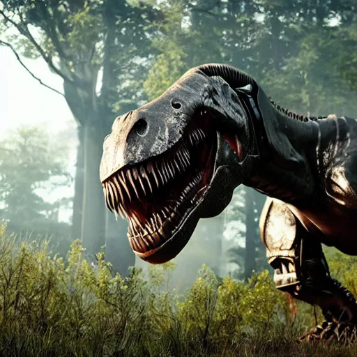 Image similar to t-rex robot, cryengine, unreal engine, 8k, hyperrealistic, as coherent as Dall-E 2