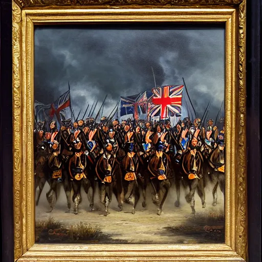 Prompt: oil painting of general Boris Johnson leading his men into battle, glorified image, 8k, oil painting