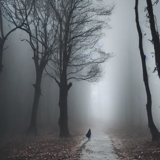 Prompt: a short furry monster with black fur walks out of a misty forest, silhouette, 3 5 mm