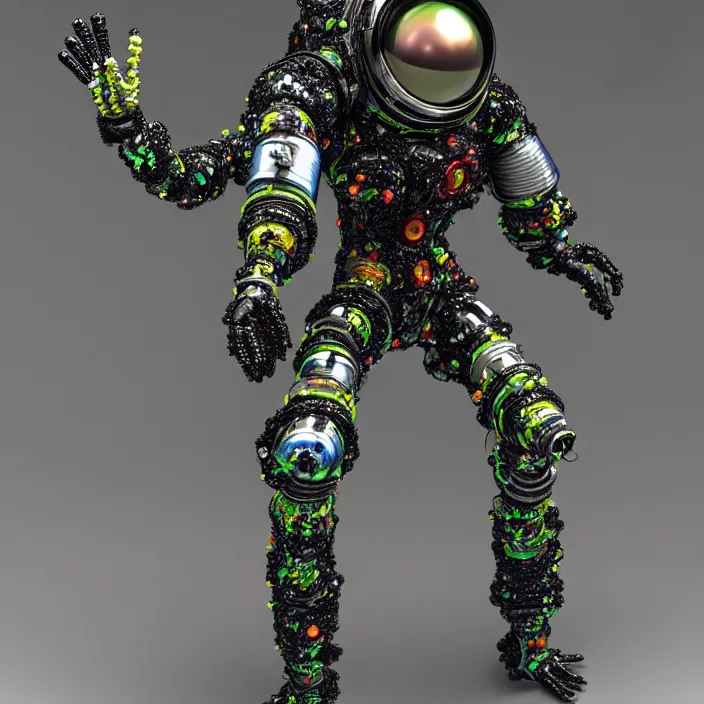 Image similar to a cybernetic symbiosis of a single astronaut mech-organic eva suit made of pearlescent wearing anodized thread knitted shiny ceramic multi colored yarn thread infected with kevlar,ferrofluid drips,carbon fiber,ceramic cracks,gaseous blob materials and diamond 3d fractal lace iridescent bubble 3d skin dotted covered with orb stalks of insectoid compound eye camera lenses orbs floats through the living room, film still from the movie directed by Denis Villeneuve with art direction by Salvador Dalí, wide lens,