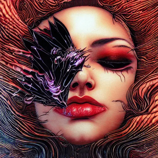 Image similar to closeup of black swan melting, by yoichi hatakenaka, masamune shirow, josan gonzales and dan mumford, ayami kojima, takato yamamoto, barclay shaw, karol bak