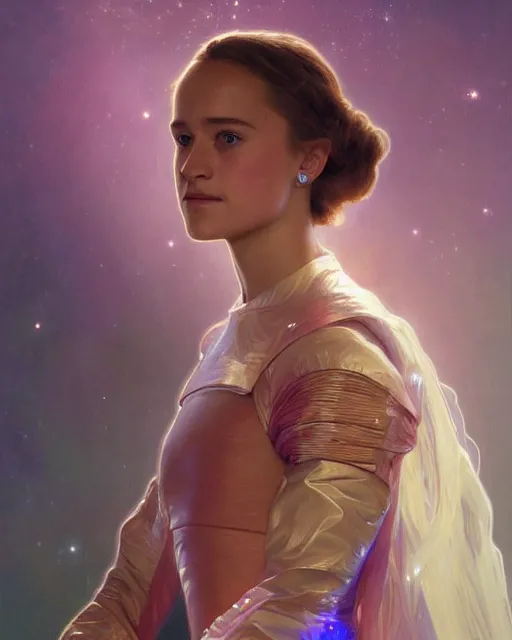 Image similar to a portrait painting of a shy, blushing 1 6 - year old alicia vikander or saoirse ronan as a space princess, backlit, wearing a futuristic translucent iridescent plastic space suit, elegant, highly detailed, artstation, concept art, by krenz cushart and donato giancola and william adolph bouguereau and alphonse mucha