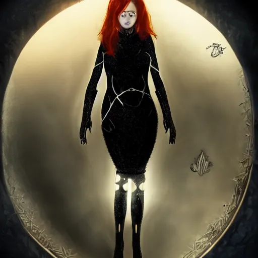 Image similar to redhead girl in black dress in beautiful castle, black pearls and golden gems, glowing eyes, light freckles, portrait, biomech, conceptart, medium shot, unreal, octane, symmetrical, photorealism