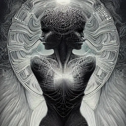 Image similar to a beautiful surrealist rendering portrait of a gorgeous woman by dan mumford and beksinski, wearing a dress by iris van herpen and mulleavy, cinematic lighting, dynamic pose like a dancer