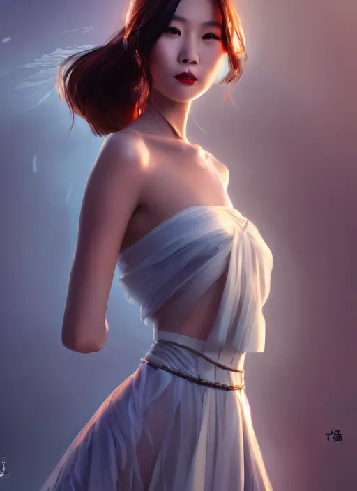 Prompt: beautiful fashion chinese girl in movie scene, strapless dress, character portrait in the style of thomas river and artgerm, wlop, cinematic lighting, hyperdetailed, 8 k realistic, symmetrical, global illumination, radiant light, halo, love and mercy, frostbite 3 engine, cryengine, dof, trending on artstation, digital art, chanel